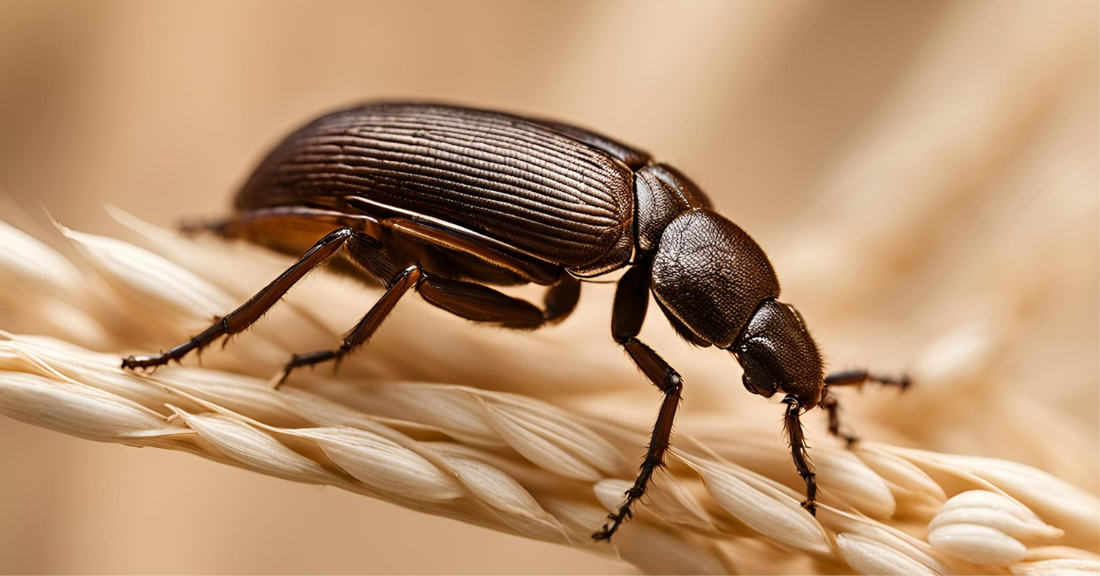 Nahaufnahme eines Kornkäfers (Sitophilus granarius) auf einer Getreideähre, der die typischen Merkmale wie den Rüssel und die braune Farbe zeigt, wichtig für die Schädlingsbekämpfung in Vorräten.