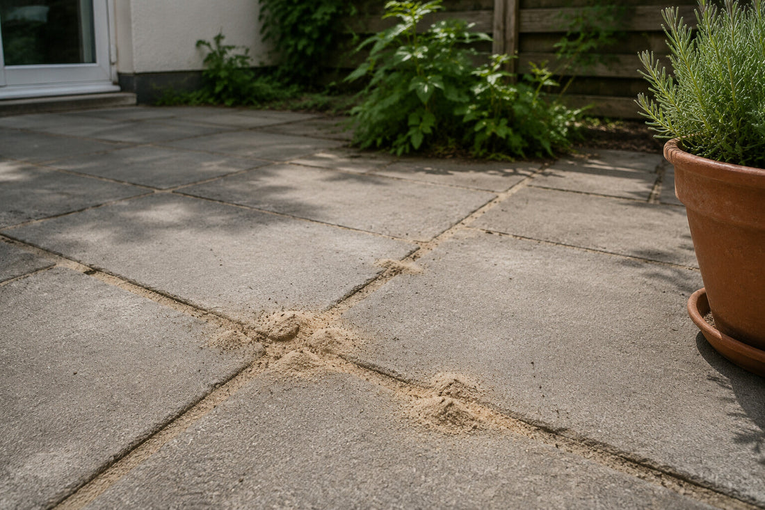 Feine Sandhäufchen liegen an Fugen zwischen grauen Terrassenplatten.