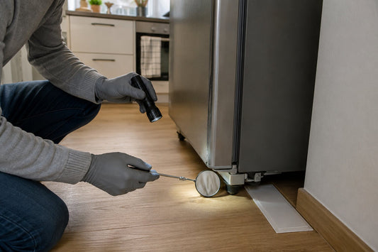 Behandschuhte Person prüft mit Licht und Spiegel den Kühlschrankbereich