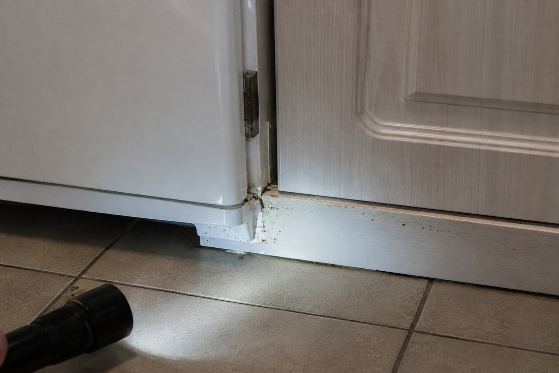 Dunkle Kotspuren markieren einen möglichen Schabenbefall am Küchensockel.