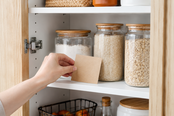 Schlupfwespenkarte zwischen verschlossenen Vorratsbehältern im Küchenschrank