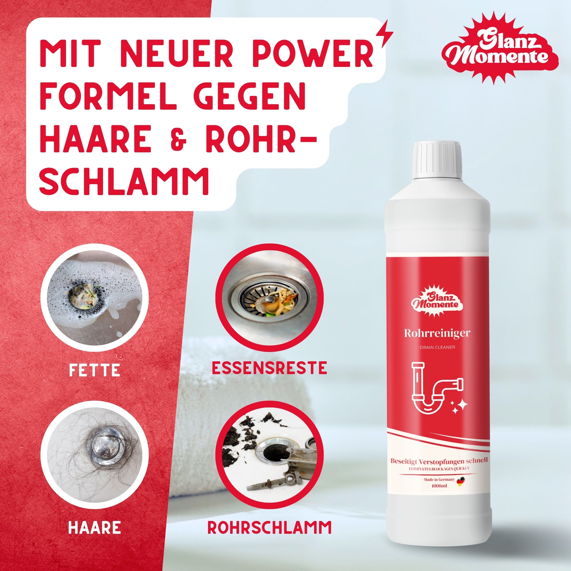 Rohrreiniger 1000ml – POWER FORMEL – Rohrfrei Extra Stark – Gegen Haare und Rohrschlamm