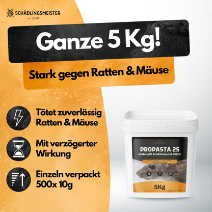 Propasta 25 – 5 Kg – Profi Rattengift mit Brodifacoum 0.0025 % – Köderpaste (500x10 g) – Nur für sachkundige Verwender